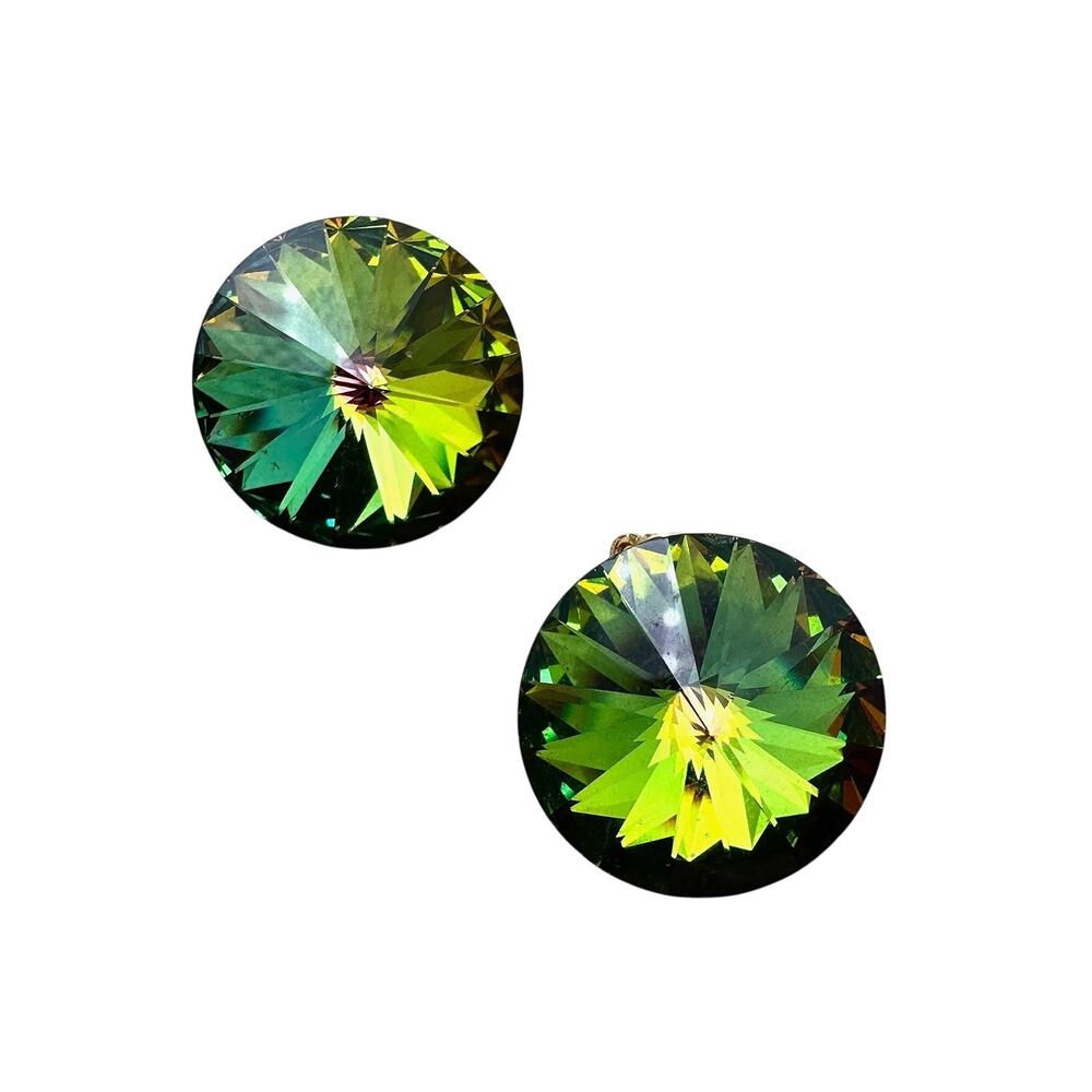 Vintage Chartreuse Green Rivoli Glass Rhinestone Clip On Earrings